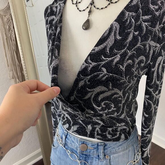 A-gaci Whimsygoth Vintage 90s Made in USA Glitter Wrap Top Deep V-neck Blouse S - Picture 4 of 9